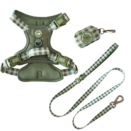 Pack Arnés Olivo (Arnés + correa + Porta Bolsa)